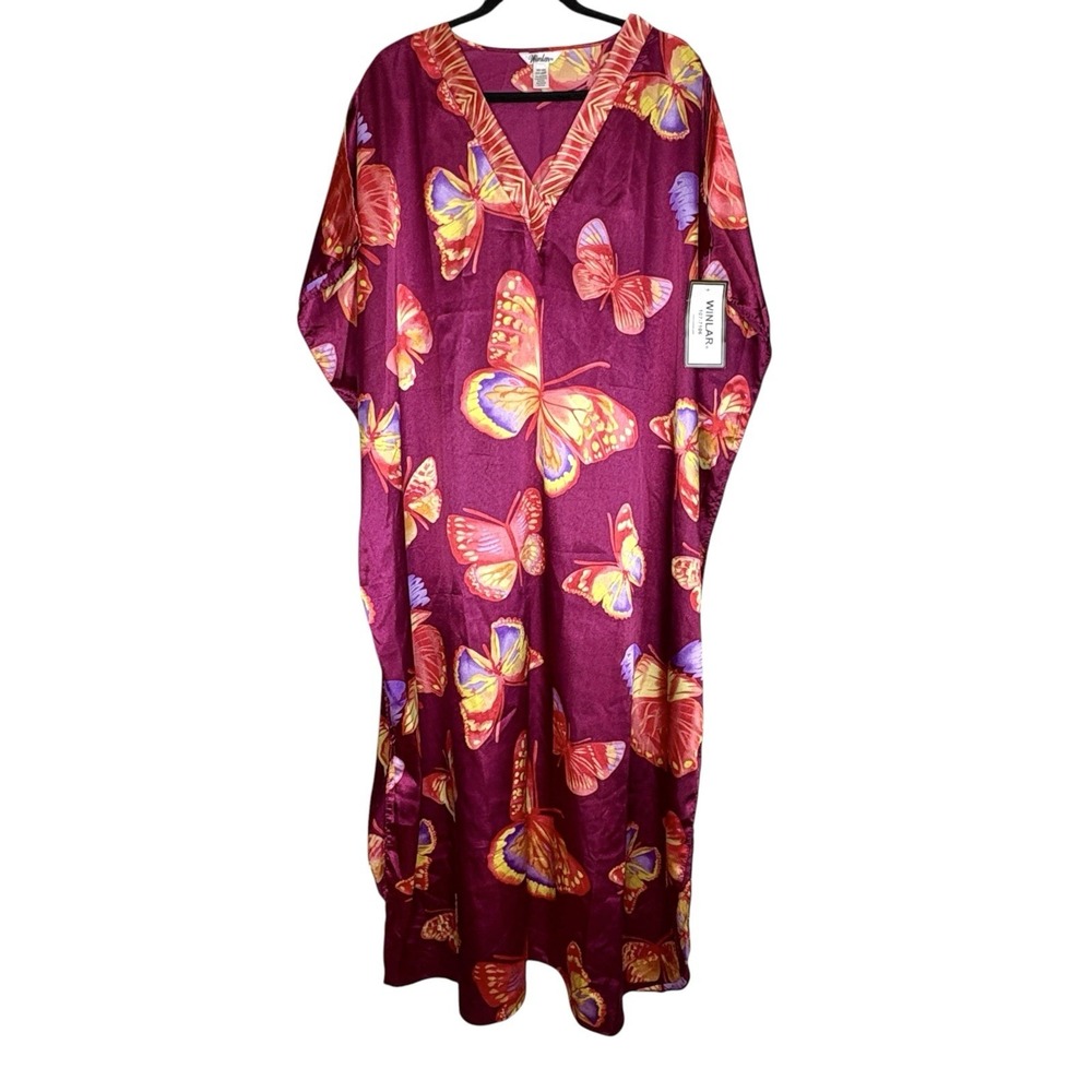 Winlar Maxi Butterfly Kaftan Dress Mumu O/S Resort Tropical Lounge Fuschia NEW